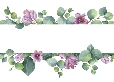 Watercolor vector wreath with green eucalyptus leaves, purple flowers and Stock Illustration