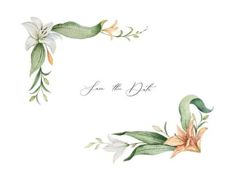 Watercolor vector wreath of orange Lily flowers and green leaves. Stock Illustration