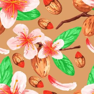 Watercolor vegetable 4 seamless pattern of the branches nuts almonds for deco Stock Illustration