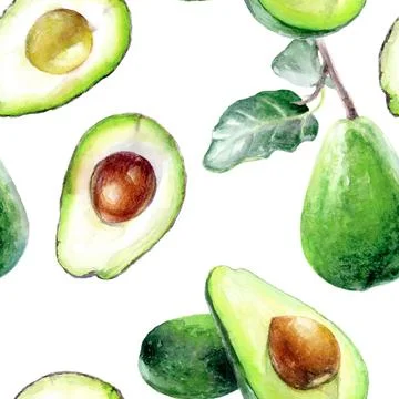 Watercolor vegetable pattern with avocado in vibrant colors, seamless layout Stock Illustration