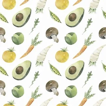 Watercolor vegetable pattern on white background. Healthy food seamless Illustrazione stock