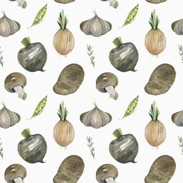 Watercolor vegetable pattern on white background. Healthy food seamless Stock Illustration