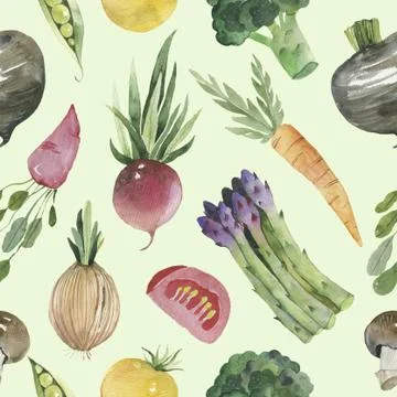 Watercolor vegetable seamless pattern on white background. Beetroot, carrot 库存插图