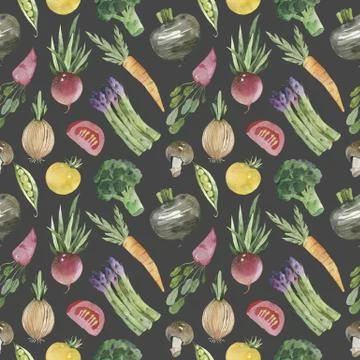 Watercolor vegetable seamless pattern on white background. Beetroot, carrot Stock Illustration