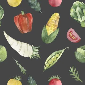 Watercolor vegetable seamless pattern on white background. Beetroot, carrot Stock Illustration
