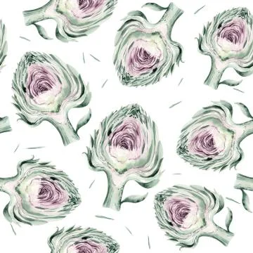 Watercolor vegetables seamless pattern of fresh artichoke veggies . Fabric Stock Illustration