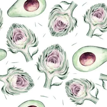 Watercolor vegetables seamless pattern of fresh avocado and artichoke. Fabric Stock Illustration