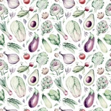 Watercolor vegetables seamless pattern of fresh artichoke , bell pepper and Stock Illustration