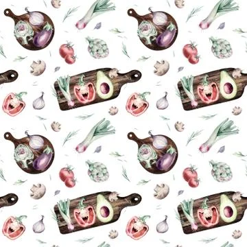 Watercolor vegetables seamless pattern of fresh artichoke , bell pepper and Stock Illustration