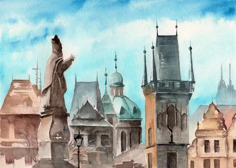 Watercolor view of Prague with bright blue sky Stock Illustration