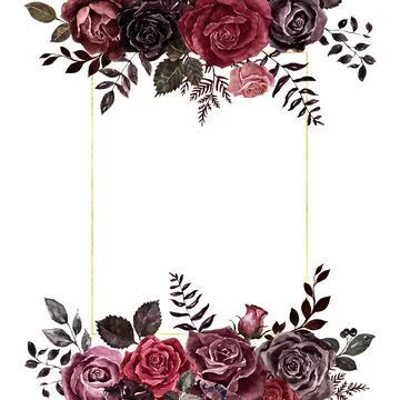 Watercolor vintage red, burgundy, marsala and black roses floral border. Stock Illustration