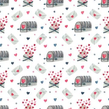 Watercolor vintage seamless pattern with mailboxes and love letters on white. Stock Illustration