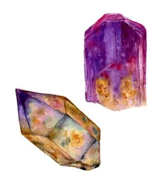 Watercolor violet gem set. Amethyst and rauchtopaz stones isolated on white Stock Illustration