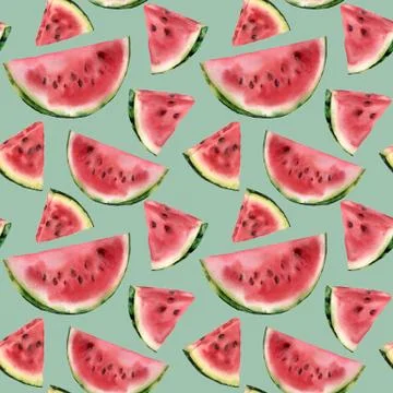Watercolor watermelon semless pattern. Hand painted watermelon slice isolated on Stock Illustration