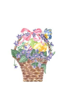 Watercolor wicker basket with easter eggs, violets isolated on white backgrou Stock Illustration