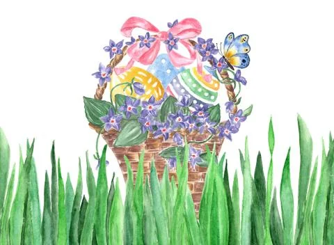 Watercolor wicker basket with easter eggs, violets isolated on white backgrou Stock Illustration