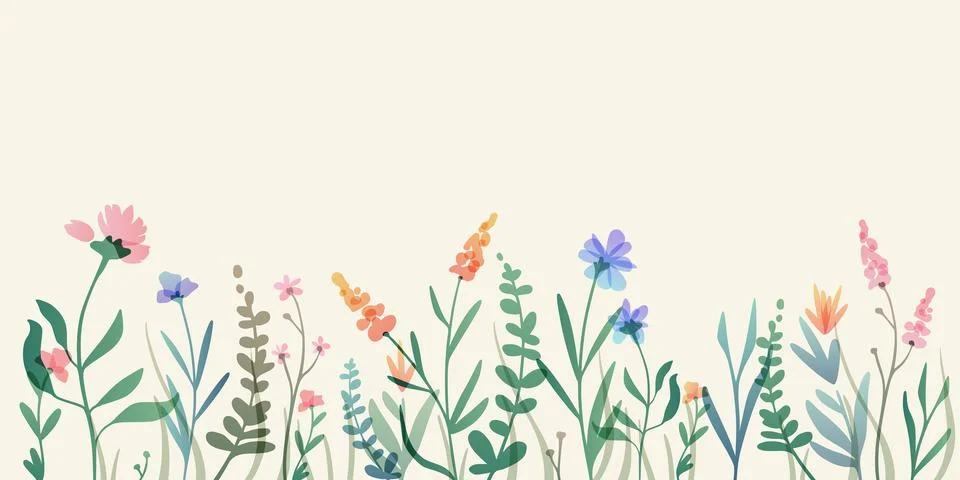 Watercolor wildflower border with spring pattern 스톡 일러스트