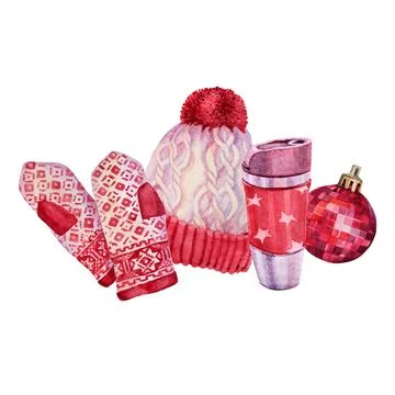 Watercolor winter composition. Red hat, mittens, thermo cup of tea or coffee Stock Illustration