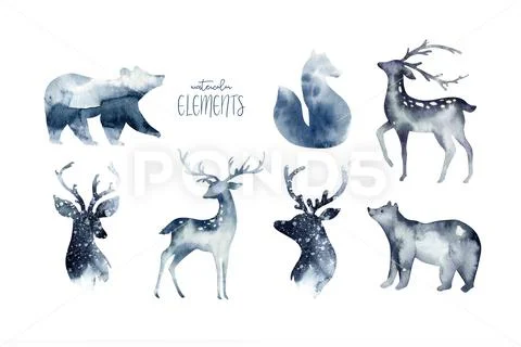 Watercolor winter forest with deer, bear and fox. Christmas tree landscape with Stock Illustrationen