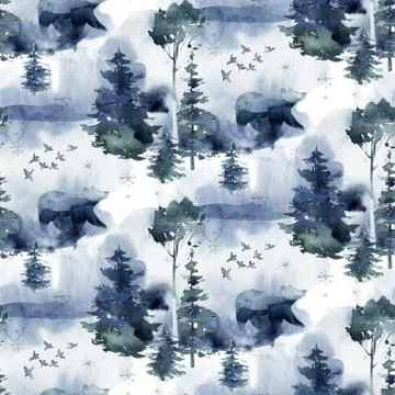 Watercolor winter forest seamless pattern. Christmas tree landscape with Pine Stock Illustration