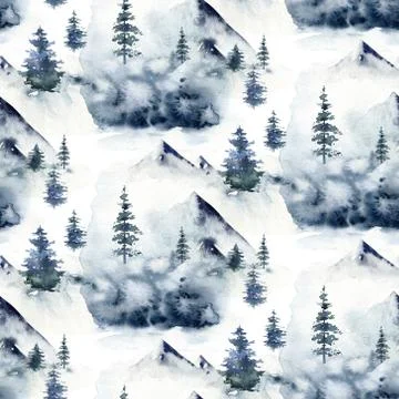 Watercolor winter forest seamless pattern. Christmas tree landscape with Pine Stock Illustration