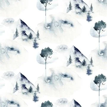 Watercolor winter forest seamless pattern. Christmas tree landscape with Pine Stock Illustration
