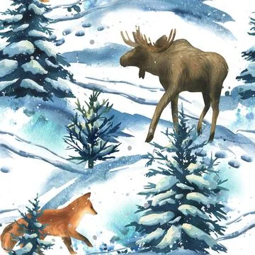 Watercolor winter forest seamless pattern with elk, fox, snow covered trees and Illustrazione stock