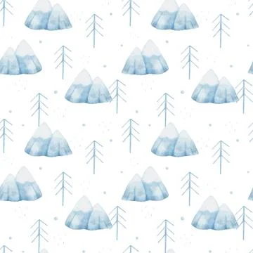 Watercolor winter seamless pattern with cute hand drawn mountains and trees Stock Illustration
