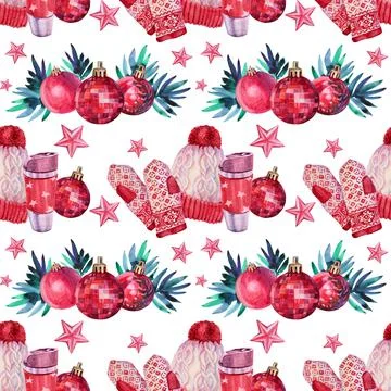 Watercolor winter seamless pattern. Red hat, mittens, thermo cup of tea or Stock Illustration