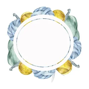 Watercolor wool knitting round frames with needles, wool balls ,pins and hook Stock Illustration