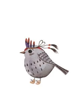 Watercolor work bird in boho style. cute bird on a transparent background for Stock Illustration