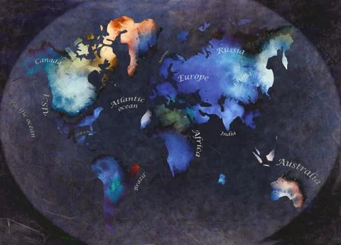 Watercolor world map on dark background Stock Illustration