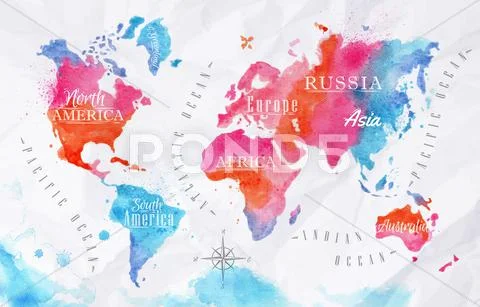 Watercolor world map pink blue Stock Illustrationen