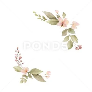 Watercolor wreath with leaves and flowers isolated on white background. Stock Illustration
