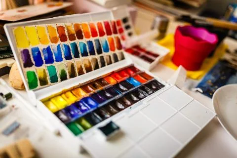 Watercolors box on table Stock Photos