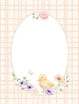 Watercolour checkered frame with spring flowers and cute duckling. Floral tem Stock Illustration