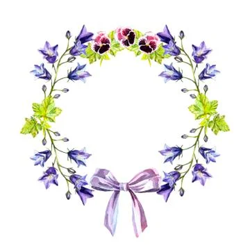 Watercolour circle frame of bluebells, leaves, purple violets and bow Stock Illustration