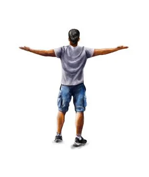 Watercolour illustration.A guy in a back view in denim shorts and a white shirt Stock Illustration