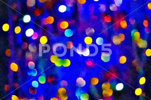 Watercolour painting of Christmas lights bokeh dark blue background. Stock Illustrationen