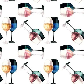 Watercolour seamless pattern. Glasses with white rose and red wine with shadows Stock Illustration