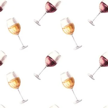 Watercolour seamless pattern with glasses of white and red wine Hand painted Stock Illustration