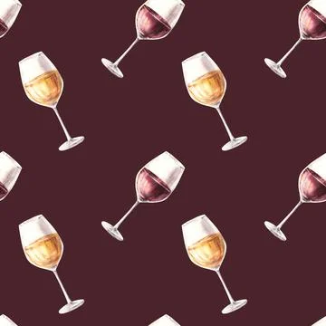 Watercolour seamless pattern with glasses of white and red wine Hand painted Illustrazione stock