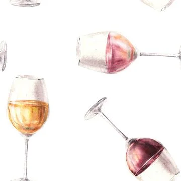 Watercolour seamless pattern. Three glasses with white rose and red wine. Hand Stock Illustration