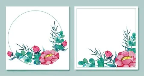 Watercolour set of frames round and square peonies. Illustrazione stock