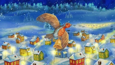 Watercolour snowy background. Bird with Christmas bells. Stock Footage 167282753