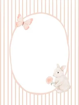 Watercolour striped background with oval empty space decorated with bunny, bu Stock Illustration