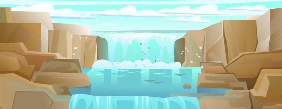 Waterfall among rocks. Horizontal composition. Cascade shimmers downward. Wat Stock Illustration