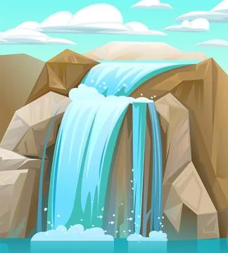 Waterfall among rocks. Summer clouds. Cascade shimmers downward. Water flowin Stock Illustration