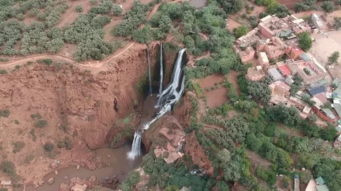 Waterfall and Beautiful Nature of Morocco at Ouzoud Falls by Drone from above Stock Footage 101340271