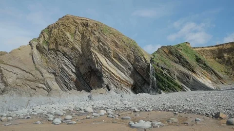 Waterfall and the distinctive colourful strata cliffs at Sandymouth Beach Stock Footage 86906775